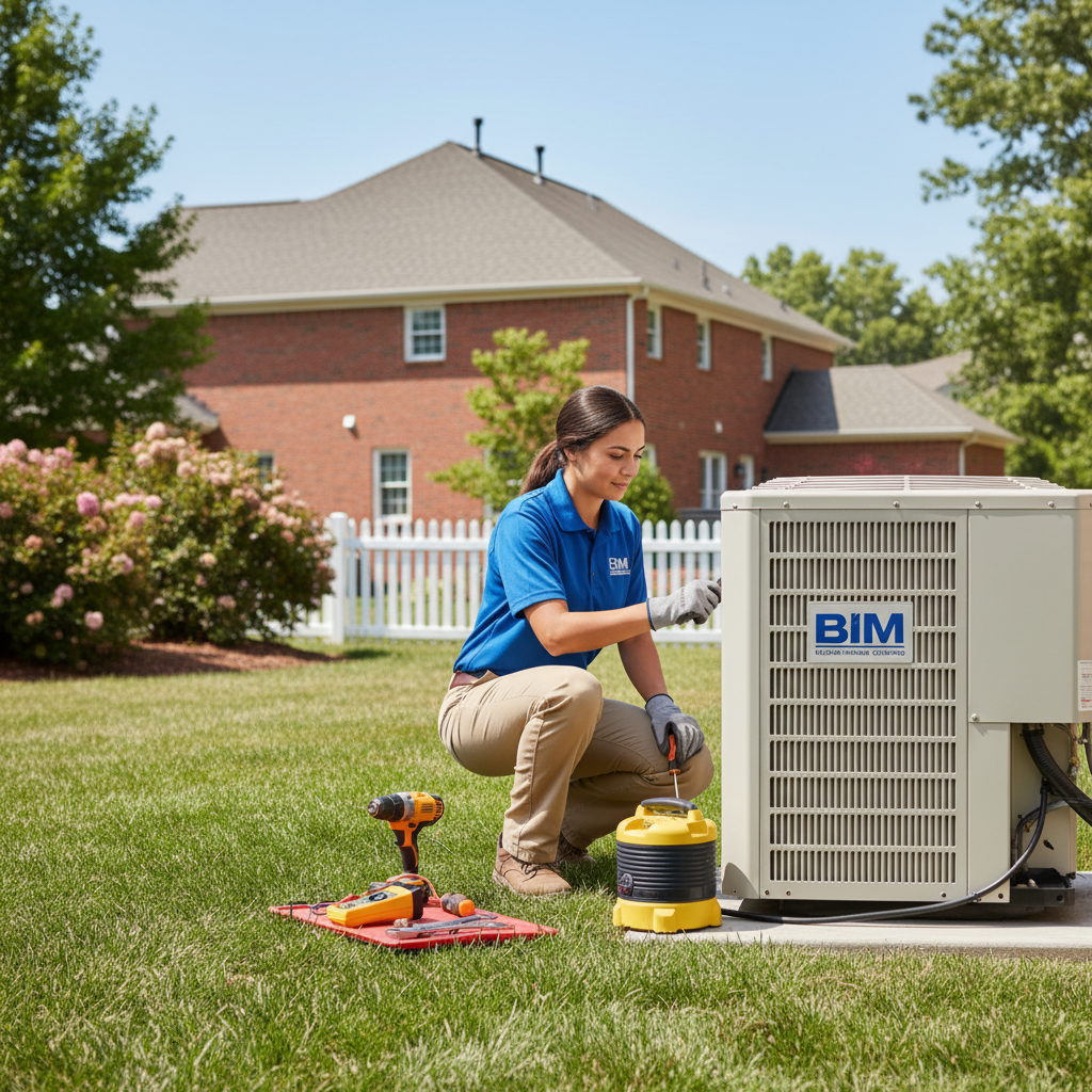 BIM Heating and Cooling technician performing AC maintenance in a Fredericksburg, VA backyard.