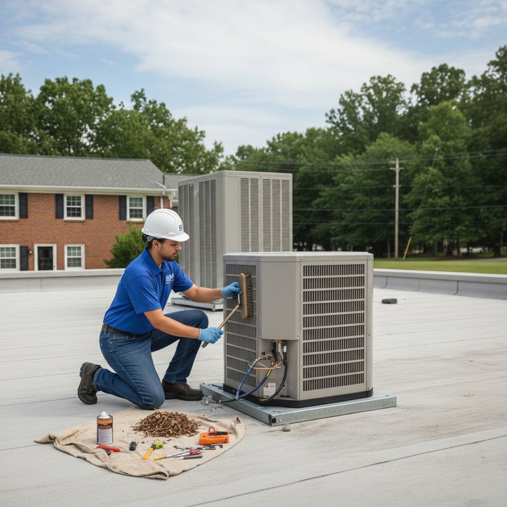 BIM Heating and Cooling technician performing AC maintenance outside a home in Fredericksburg, Virginia.