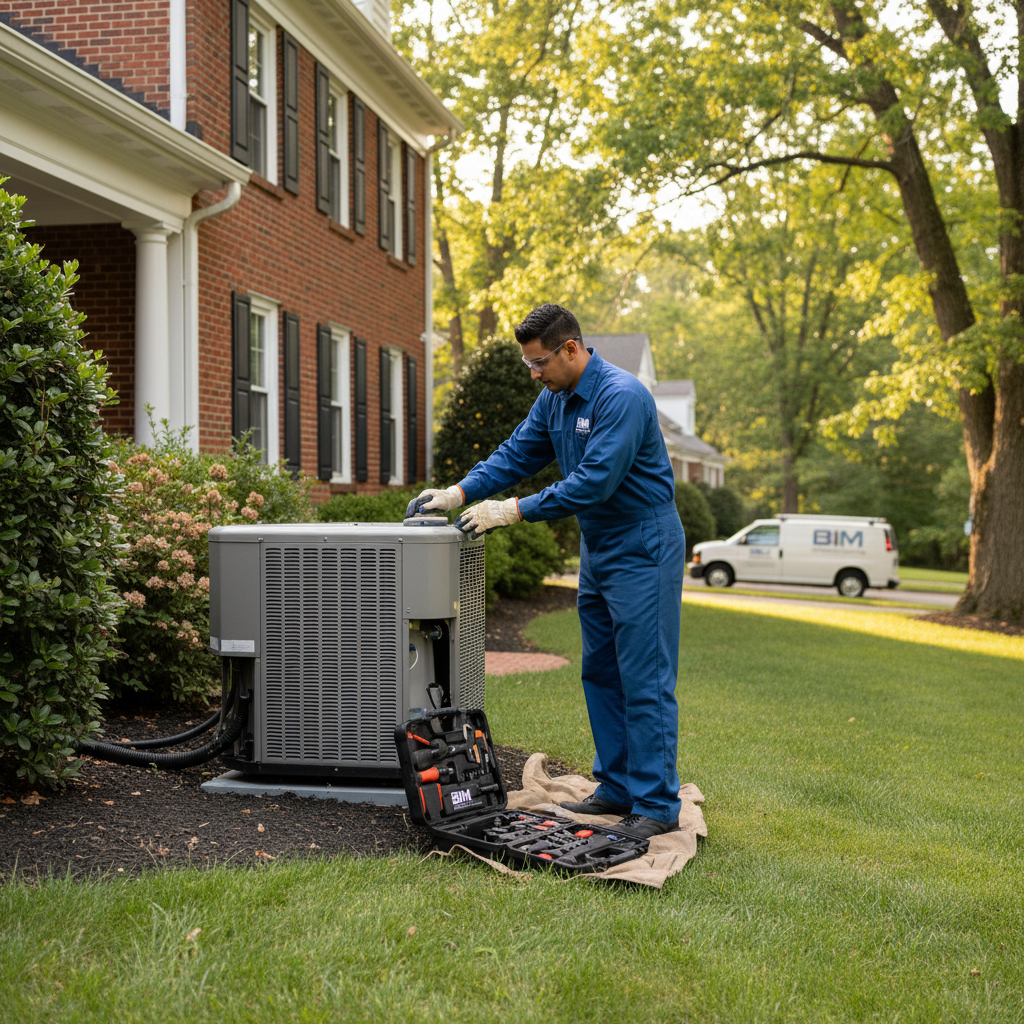 BIM Heating and Cooling technician performing AC maintenance outside a residential home in Stafford County, VA.