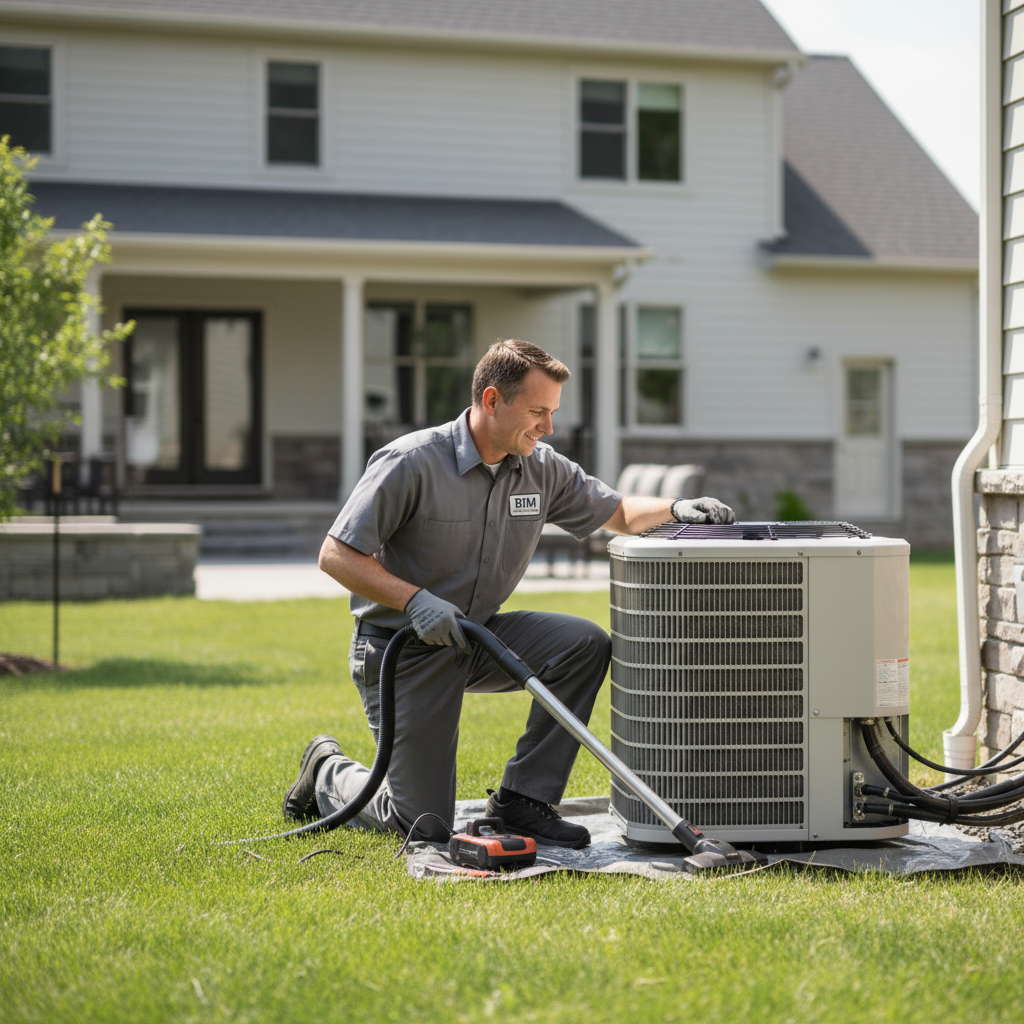 BIM Heating and Cooling technician performing AC maintenance outside a residential home in Fredericksburg, VA.