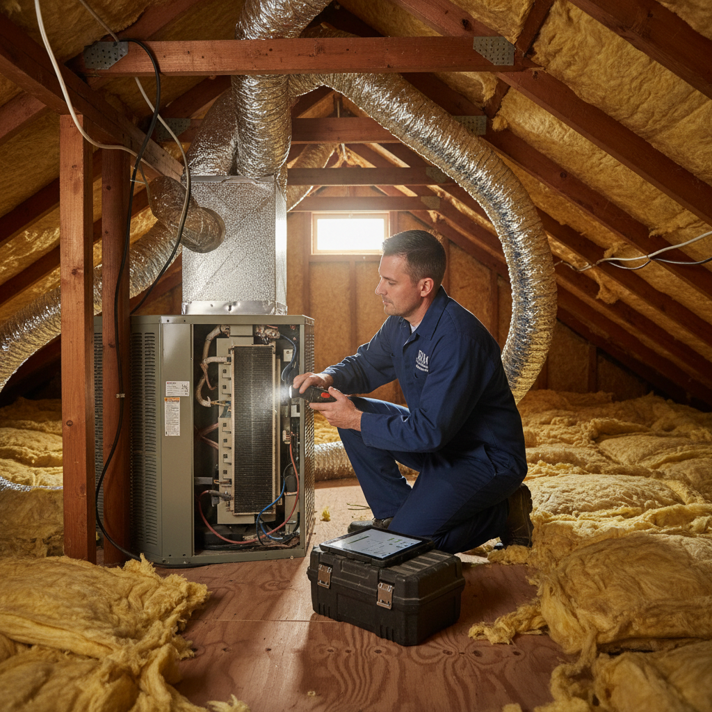 BIM Heating and Cooling technician performing AC maintenance in a Fredericksburg, VA attic.