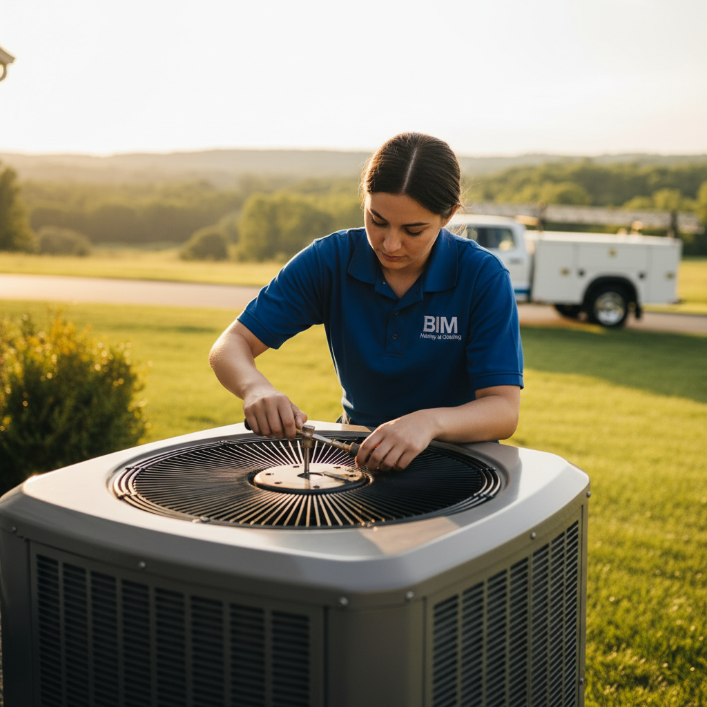 BIM Heating and Cooling technician performing AC maintenance outdoors in Fredericksburg, Virginia.