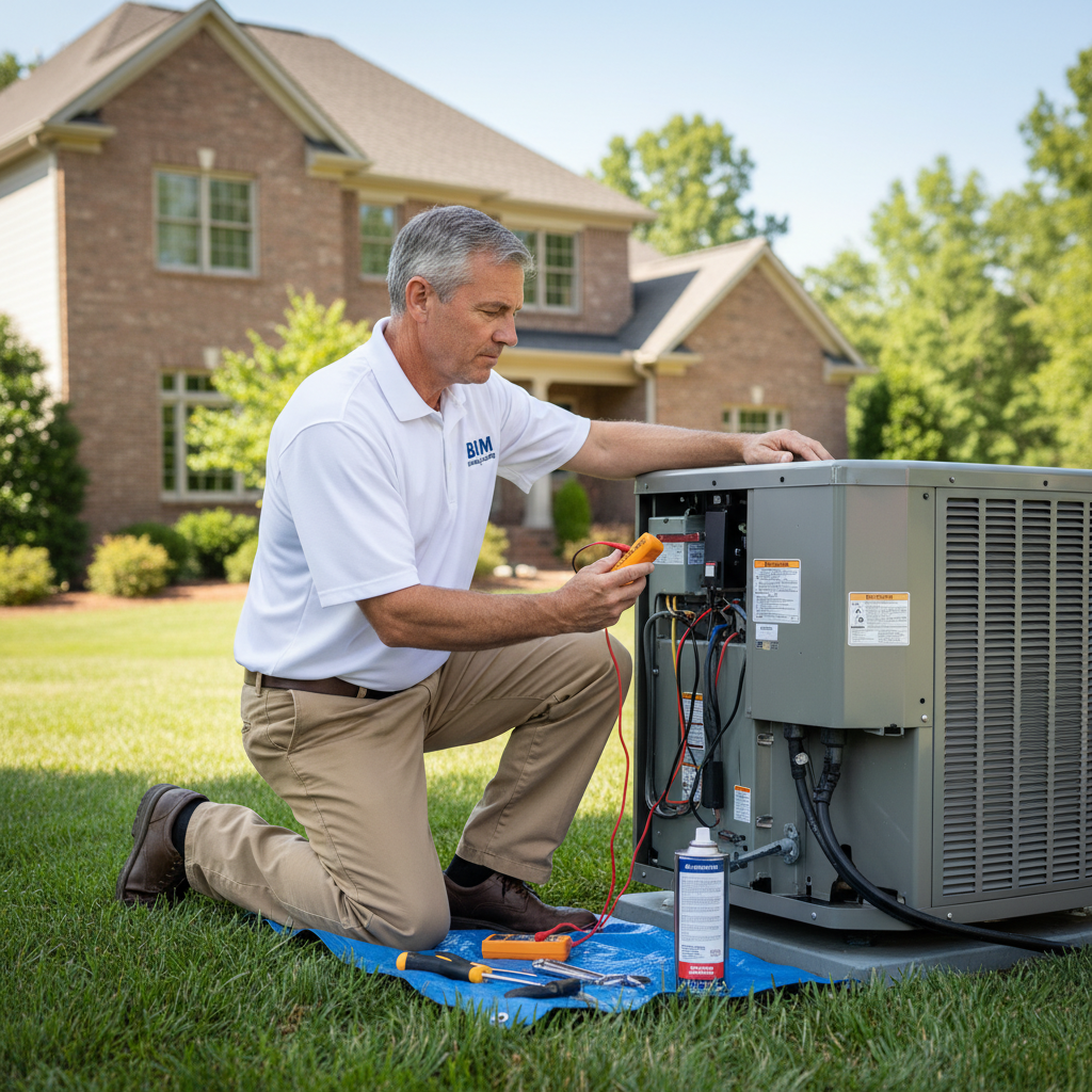 BIM Heating and Cooling technician performing AC maintenance on an outdoor unit in Fredericksburg, Virginia.