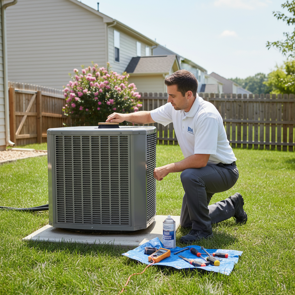 BIM Heating and Cooling technician performing AC maintenance on an outdoor unit in Fredericksburg, VA.
