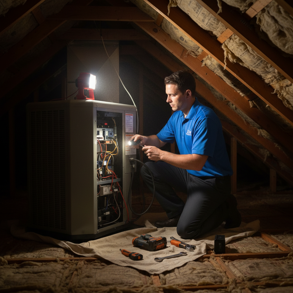 BIM Heating and Cooling technician performing AC maintenance in an attic in Fredericksburg, Virginia.