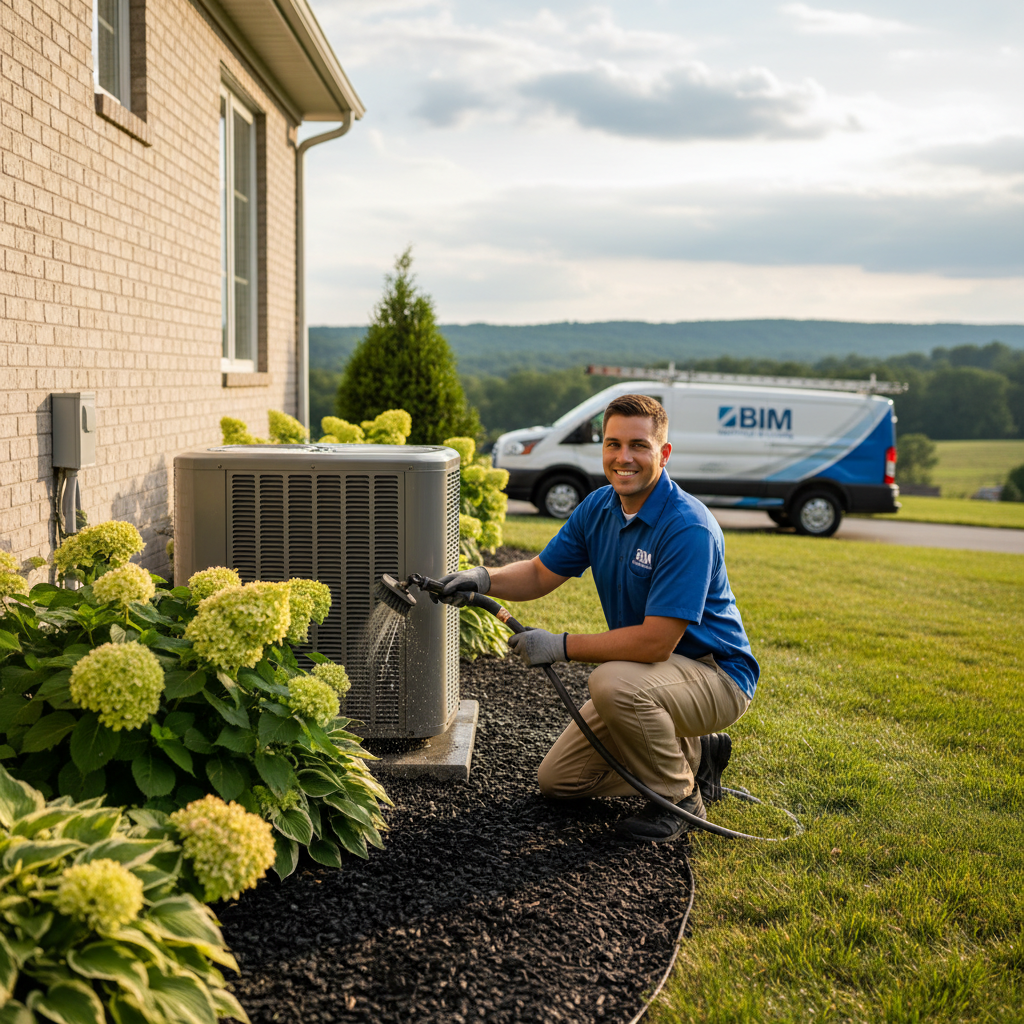 BIM Heating and Cooling technician performing AC maintenance outside a home in Fredericksburg, VA.