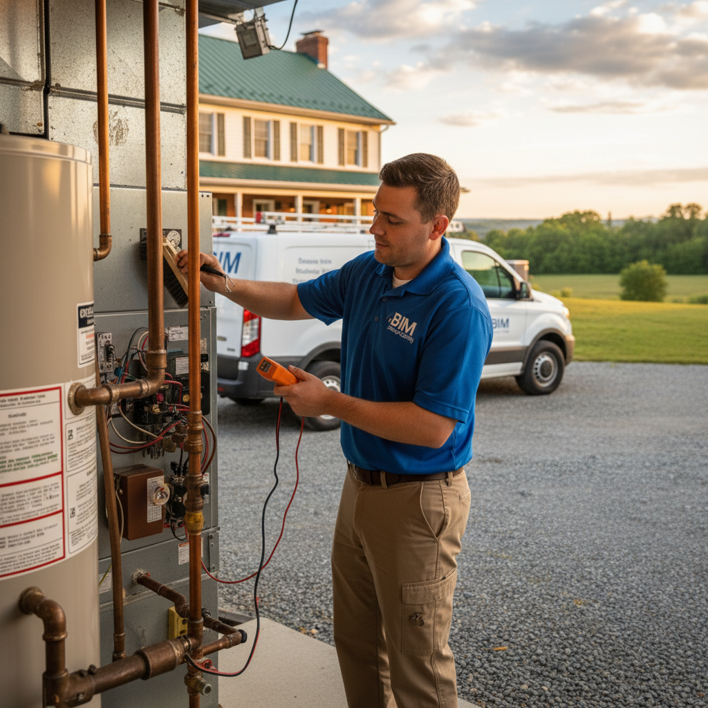 BIM Heating and Cooling technician performing AC maintenance on an outdoor unit in Fredericksburg, VA.