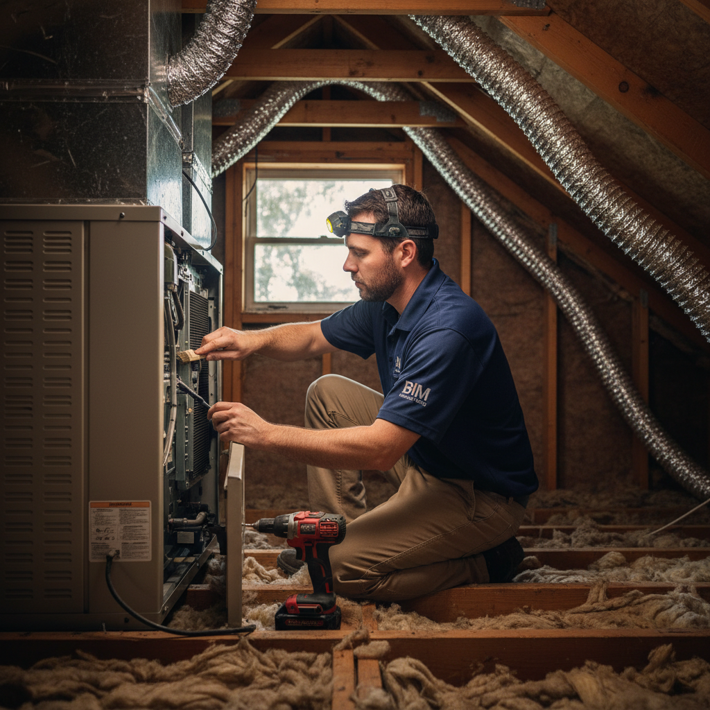 BIM Heating and Cooling technician performing AC maintenance in a Fredericksburg, Virginia residential attic.