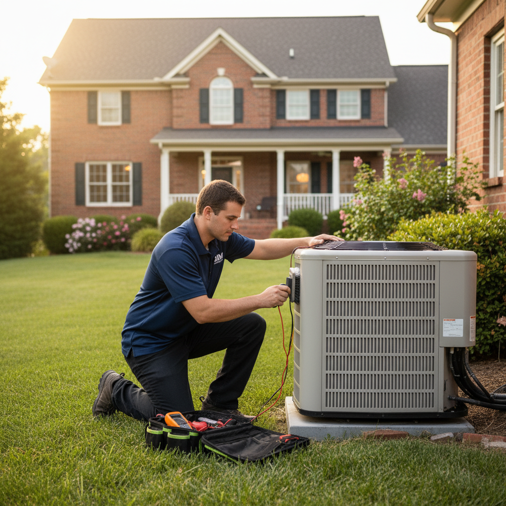 BIM Heating and Cooling technician performing AC maintenance on an outdoor unit in Fredericksburg, VA.