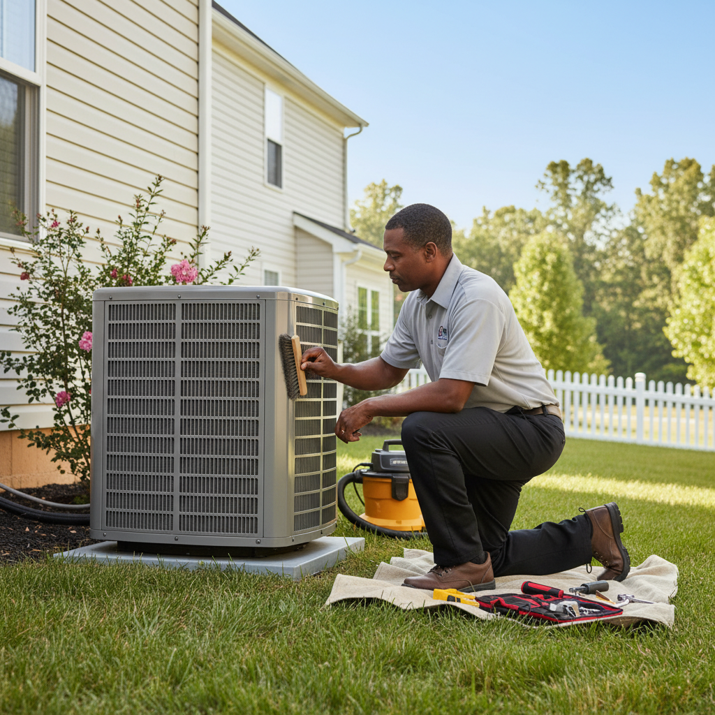 BIM Heating and Cooling technician performing AC maintenance outside a residential home in Fredericksburg, VA.