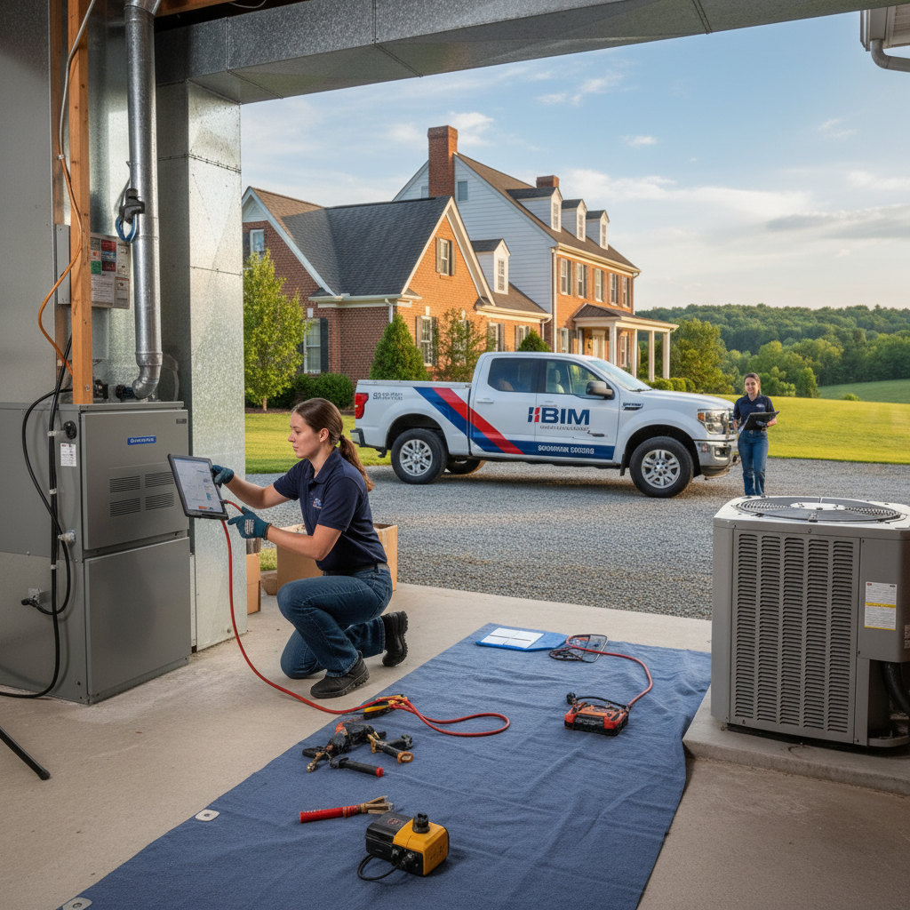 BIM Heating and Cooling technician performing AC repair on a residential unit in Fredericksburg, VA.