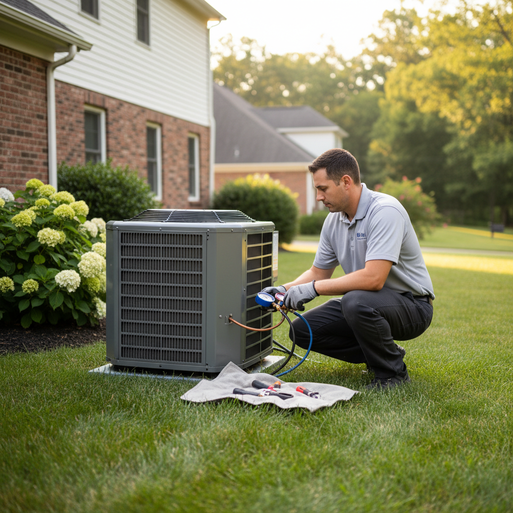 BIM Heating and Cooling technician performing AC repair on an outdoor unit in Fredericksburg, VA.