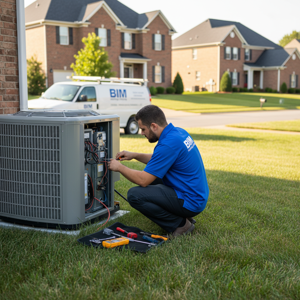 BIM Heating and Cooling technician performing AC repair on an outdoor unit in Fredericksburg, VA.