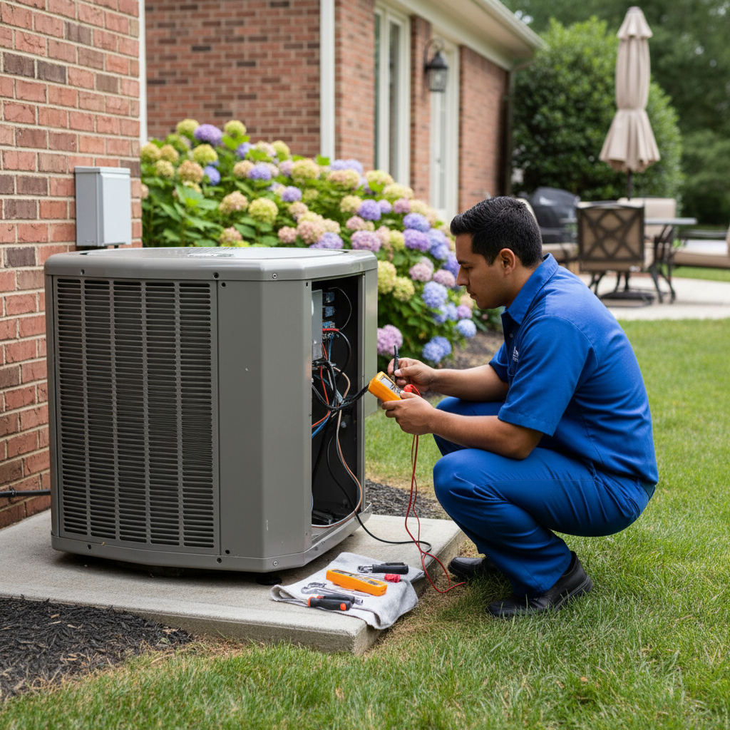 BIM Heating and Cooling technician performing AC repair on an outdoor unit in Fredericksburg, VA.