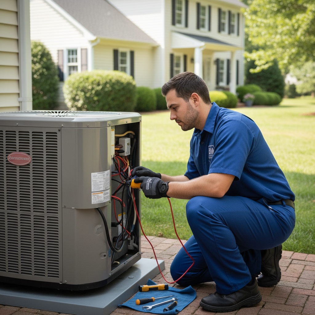 BIM Heating and Cooling technician performing AC repair on an outdoor unit in Fredericksburg, VA.