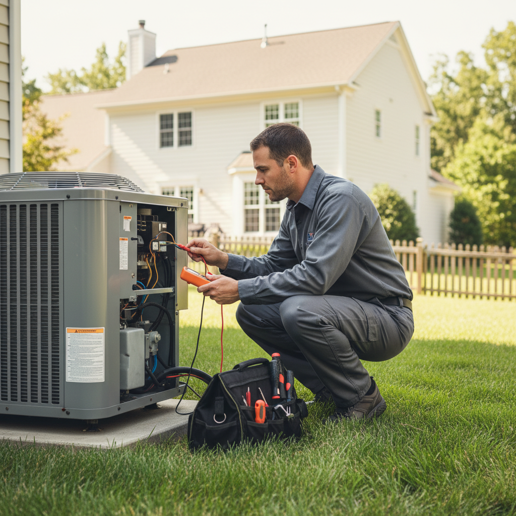 BIM Heating and Cooling technician performing AC repair on an outdoor unit in Fredericksburg, Virginia.