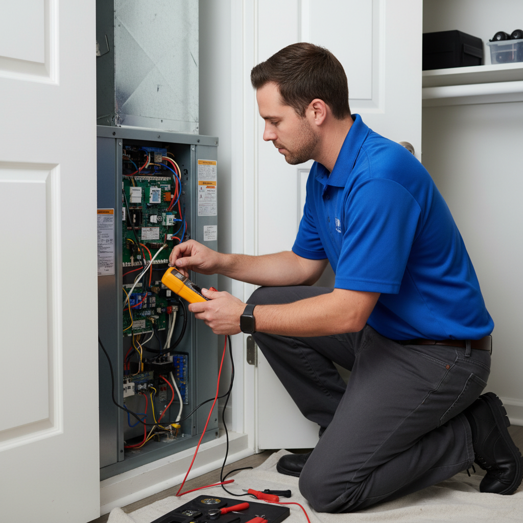 BIM Heating and Cooling technician performing AC repair on an indoor unit in a Fredericksburg, Virginia home.