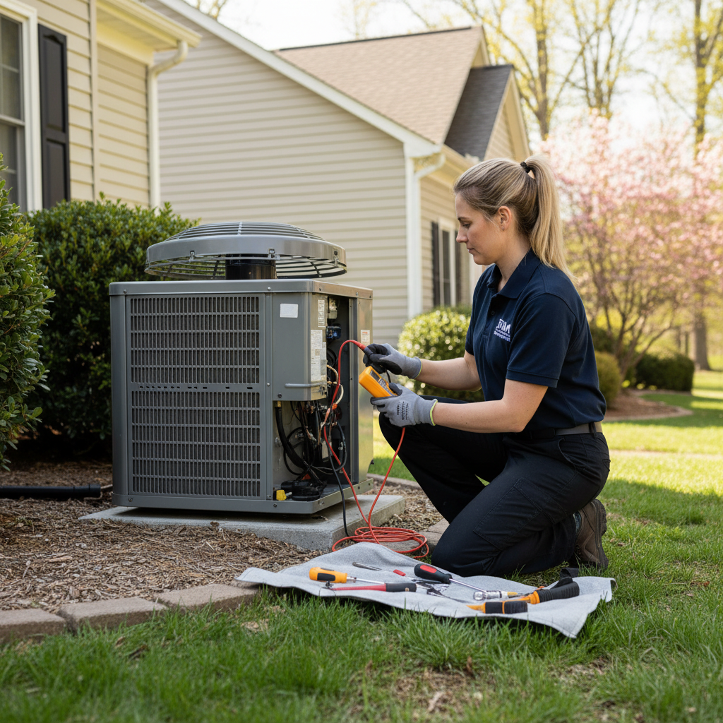 BIM Heating and Cooling technician performing AC repair on an outdoor unit in Fredericksburg, Virginia.