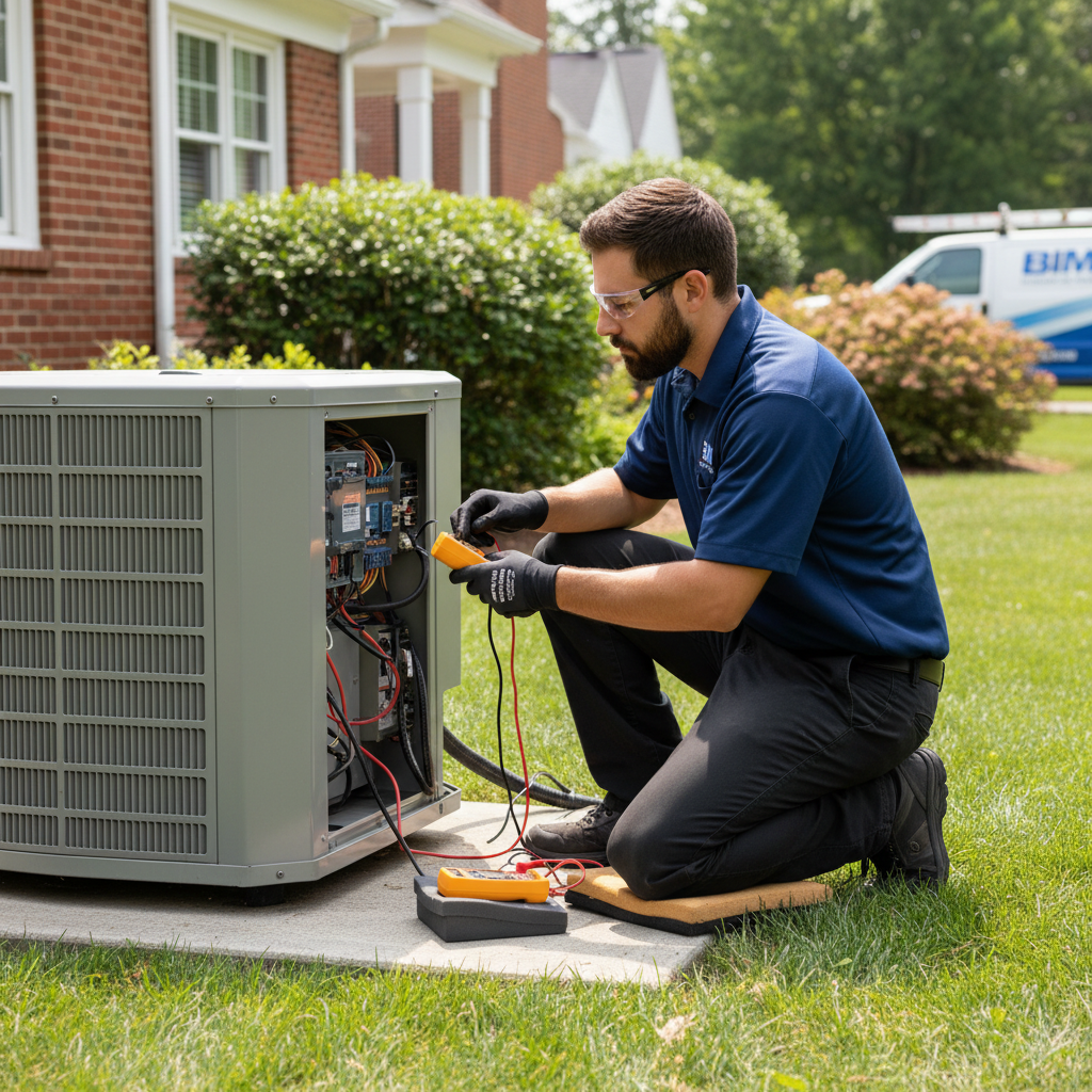 BIM Heating and Cooling technician performing AC repair on an outdoor unit in Fredericksburg, VA.