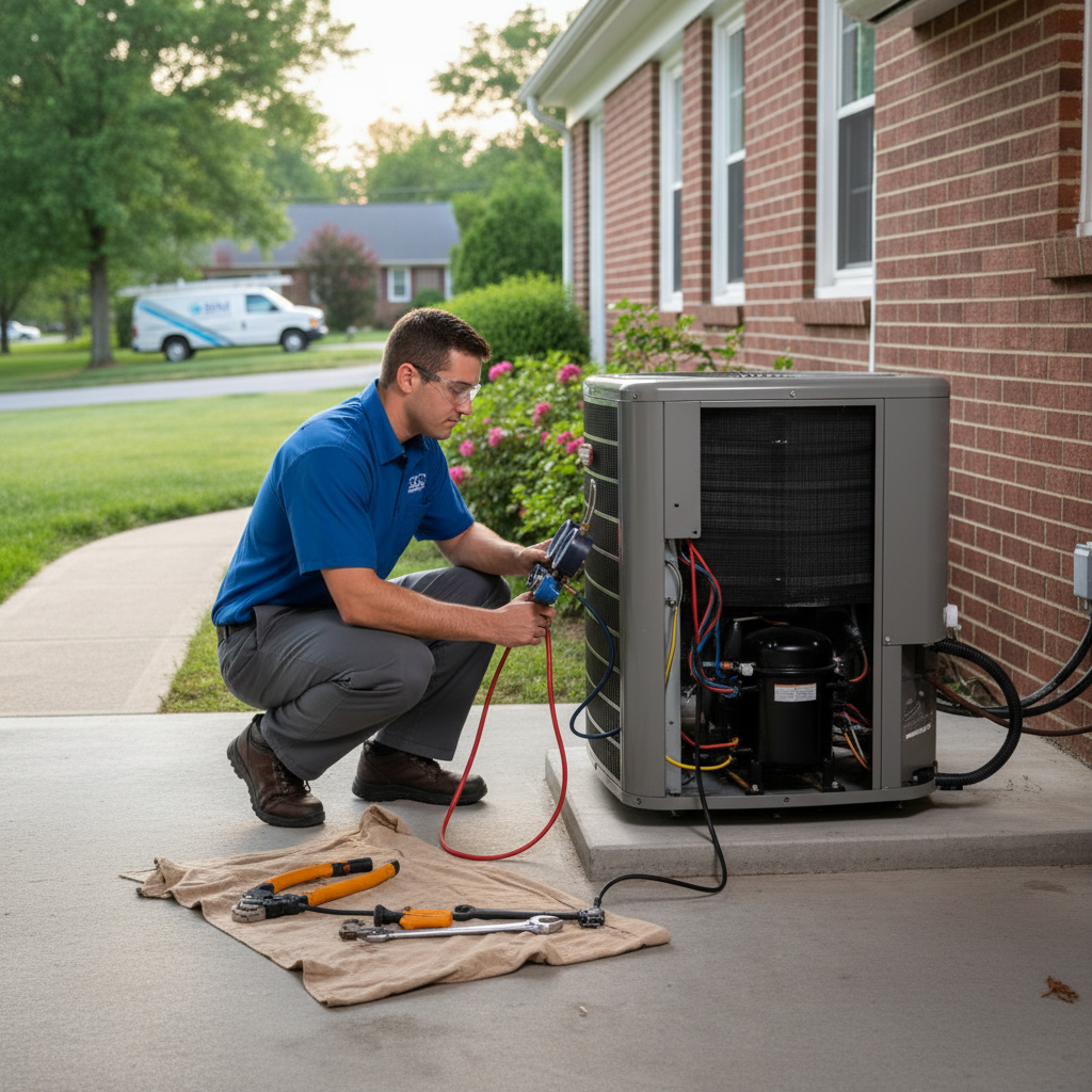 BIM Heating and Cooling technician performing AC repair on an outdoor unit in Fredericksburg, VA.
