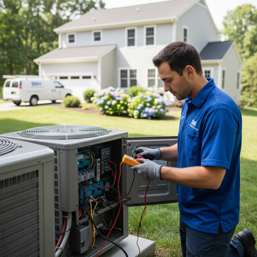 BIM Heating and Cooling technician performing AC repair service in a Stafford County, Virginia residence.