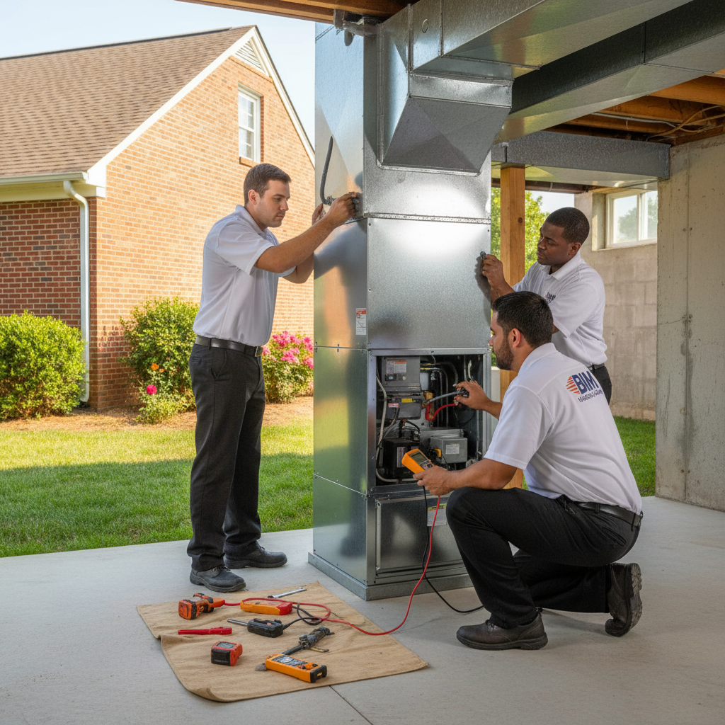 BIM Heating and Cooling technician performing AC repair service in a Fredericksburg, Virginia home.