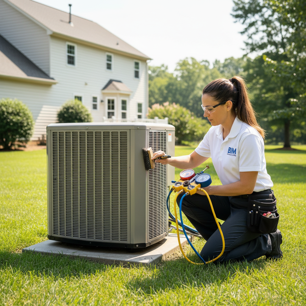 BIM Heating and Cooling technician performing AC unit maintenance at a Virginia county home.