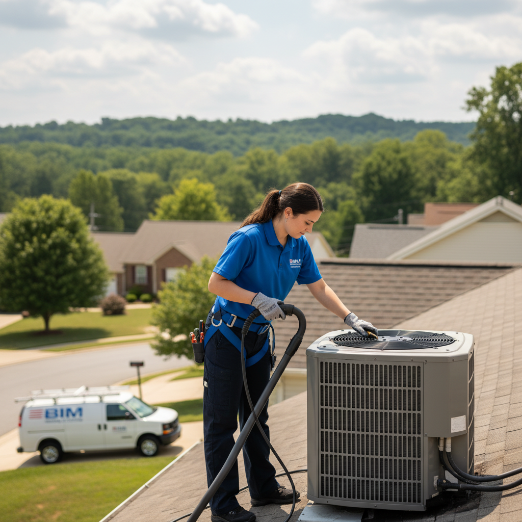 BIM Heating and Cooling technician performing air conditioning maintenance in Fredericksburg, Virginia.
