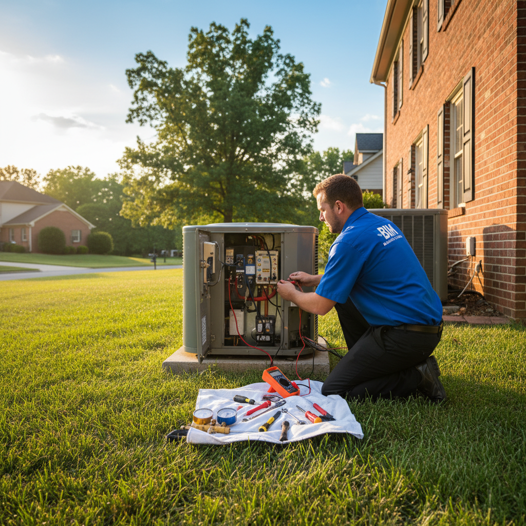 BIM Heating and Cooling technician performing air conditioning repair in Fredericksburg, VA.