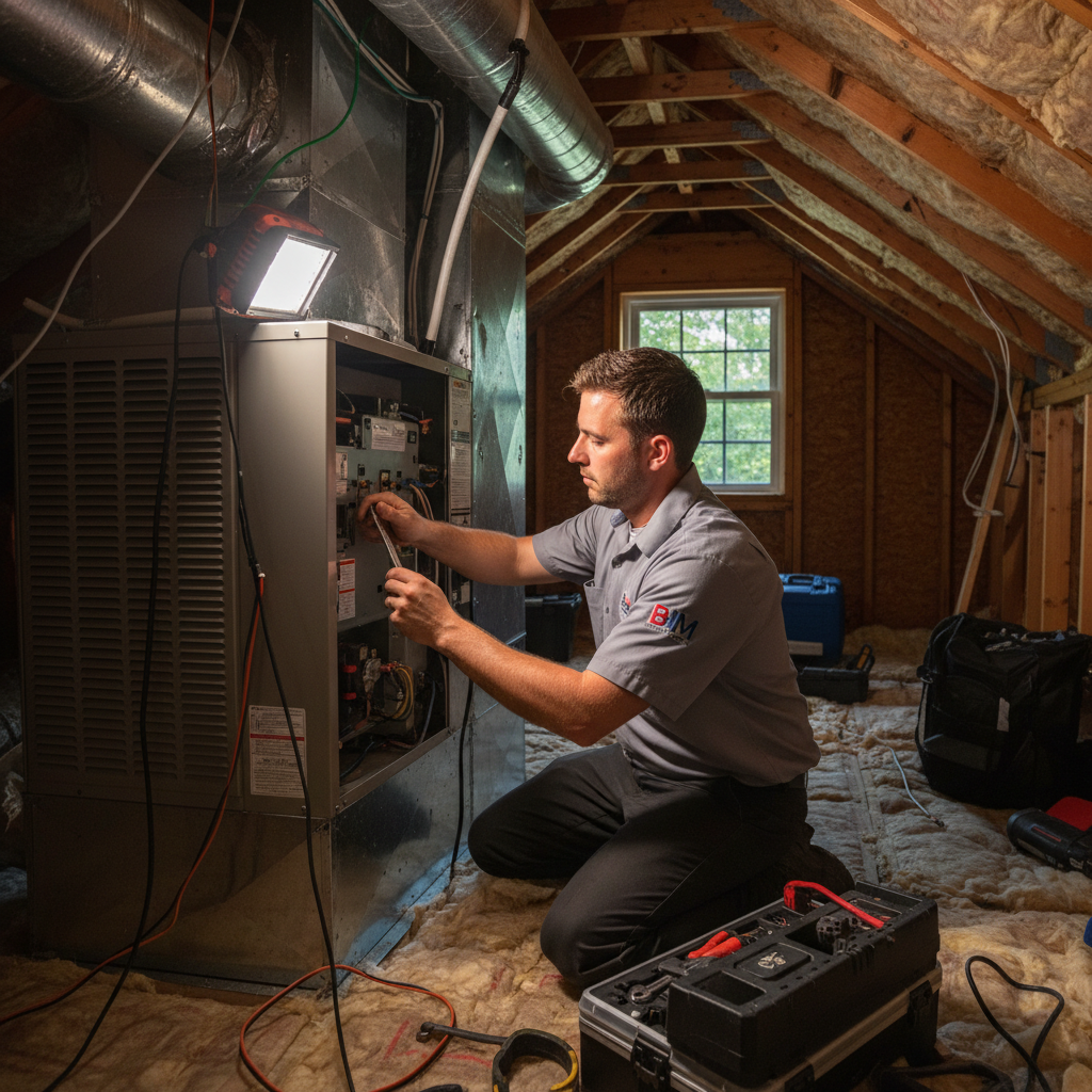 BIM Heating and Cooling technician performing air conditioning repair service in a Stafford County, Virginia home.