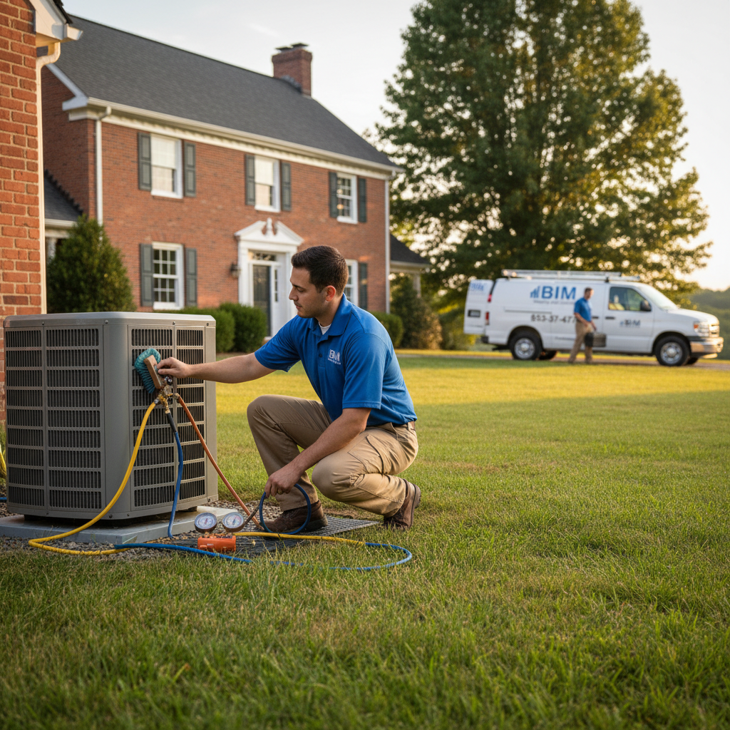 BIM Heating and Cooling technician performing air conditioning maintenance outside a Virginia home near Fredericksburg.