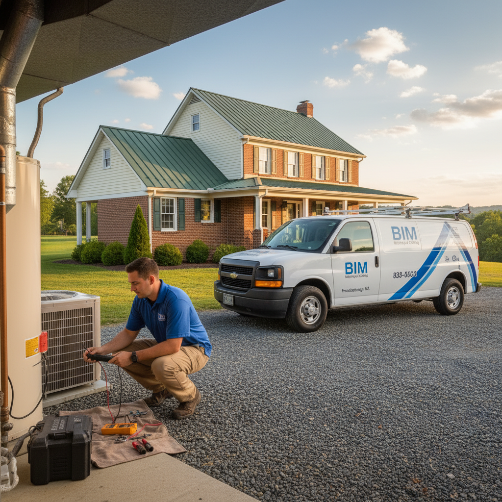 BIM Heating and Cooling technician performing air conditioning repair in a Virginia residential backyard near Fredericksburg.