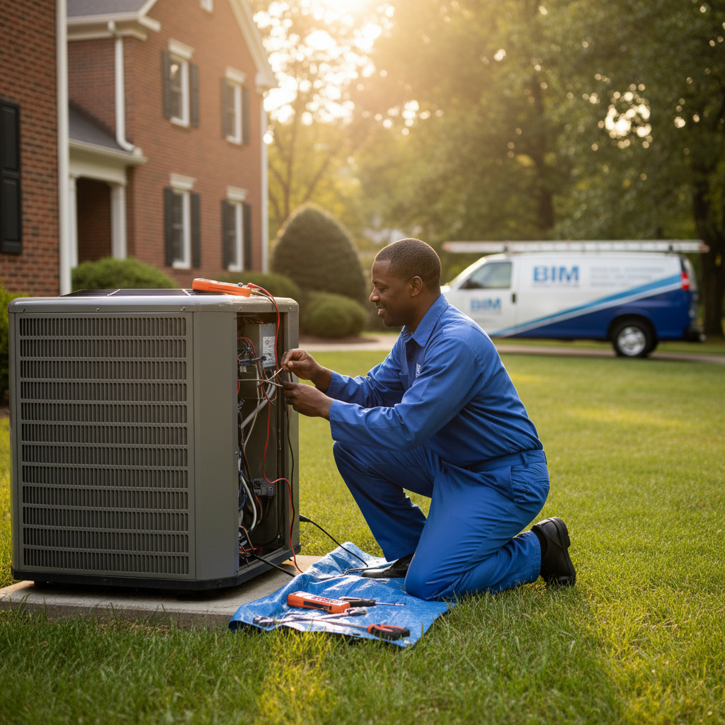 BIM Heating and Cooling technician performing air conditioning repair outside a Fredericksburg, Virginia residence.