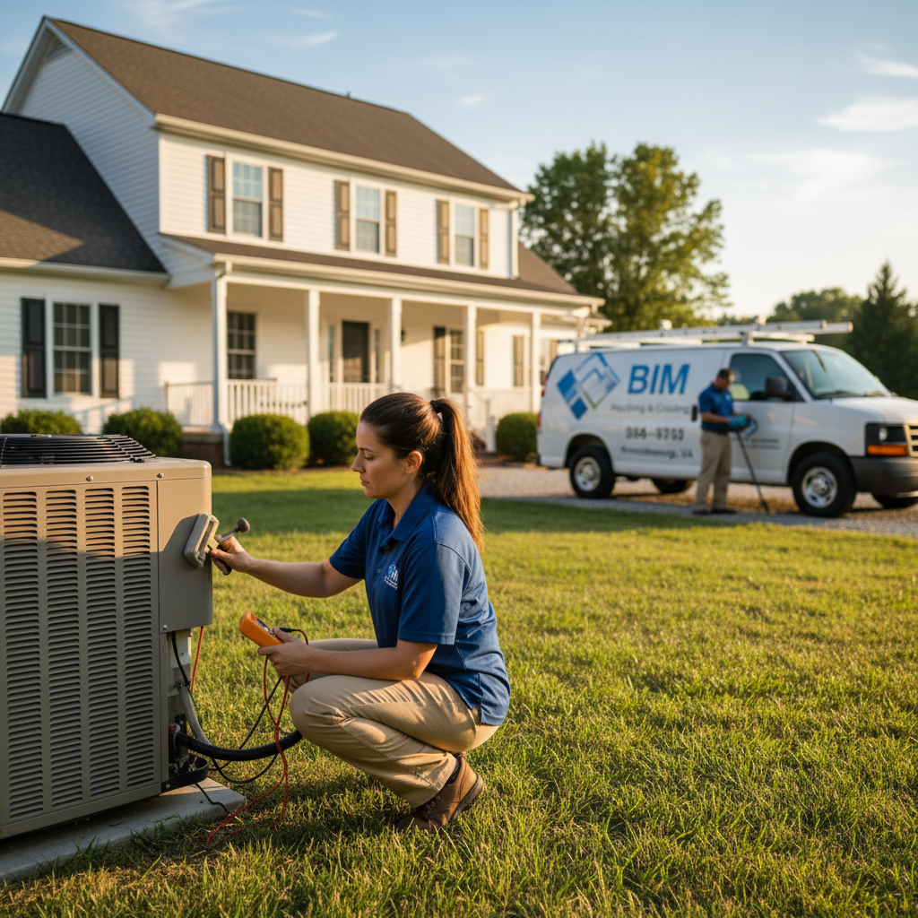 BIM Heating and Cooling technician performing air conditioning maintenance outside a Virginia home near Fredericksburg.
