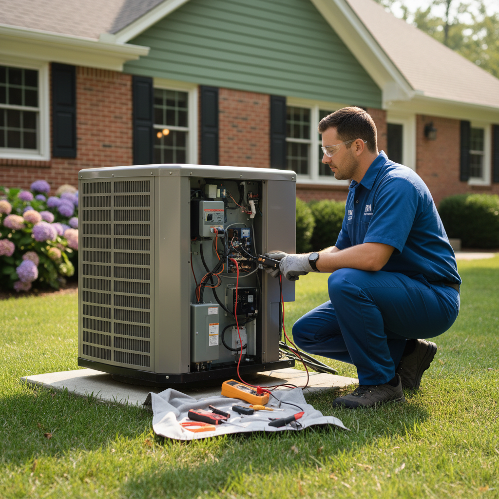 BIM Heating and Cooling technician performing air conditioning repair service at a Fredericksburg, VA residence.