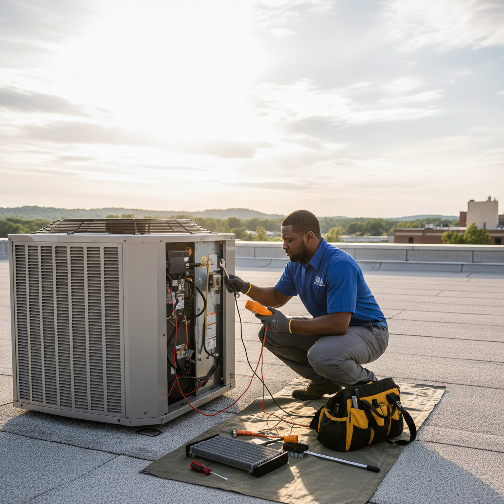BIM Heating and Cooling technician performing an AC repair on a rooftop unit in Fredericksburg, VA.
