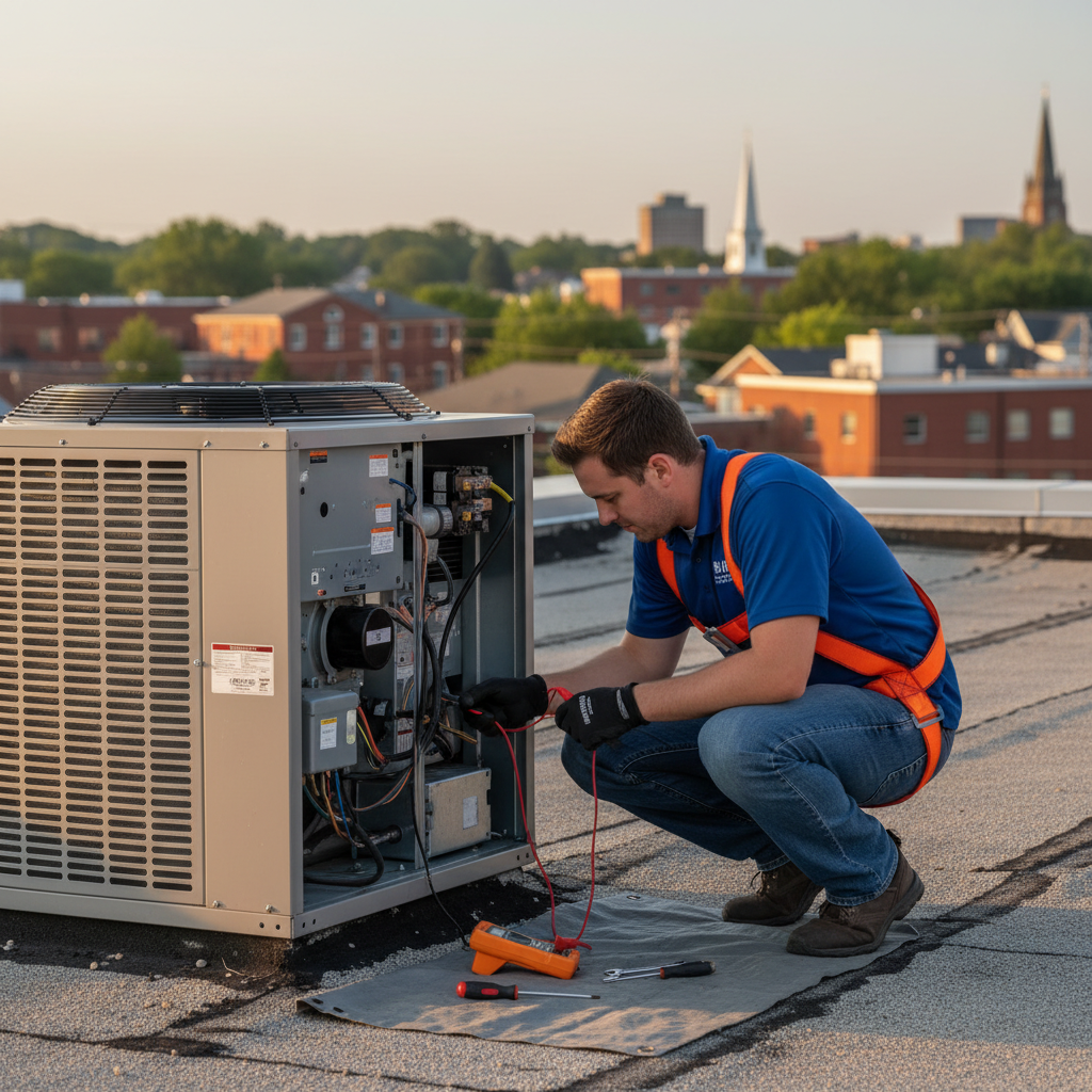 BIM Heating and Cooling technician performing an AC repair on a rooftop unit in Fredericksburg, VA.