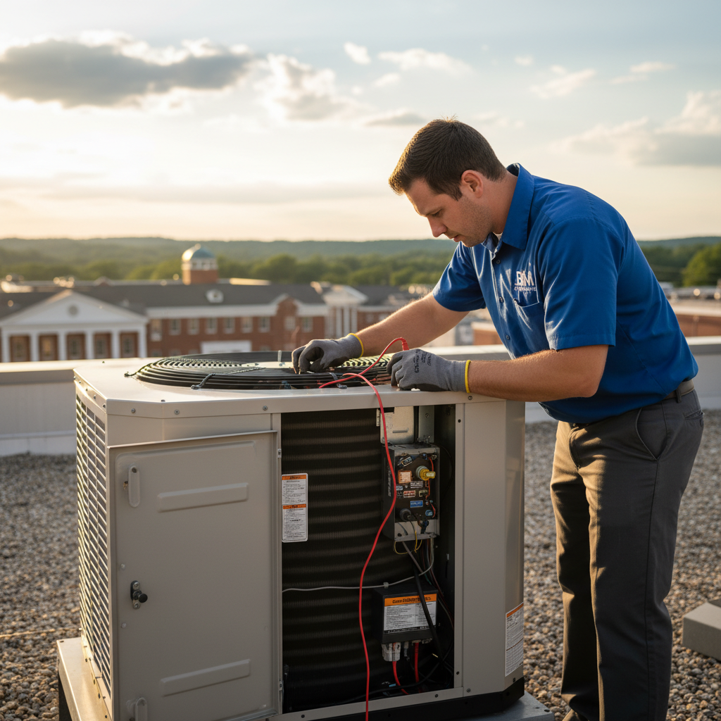 BIM Heating and Cooling technician performing an AC repair on a rooftop unit in Fredericksburg, VA.