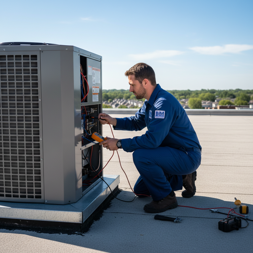 BIM Heating and Cooling technician performing an AC repair on a rooftop unit in Fredericksburg, VA.