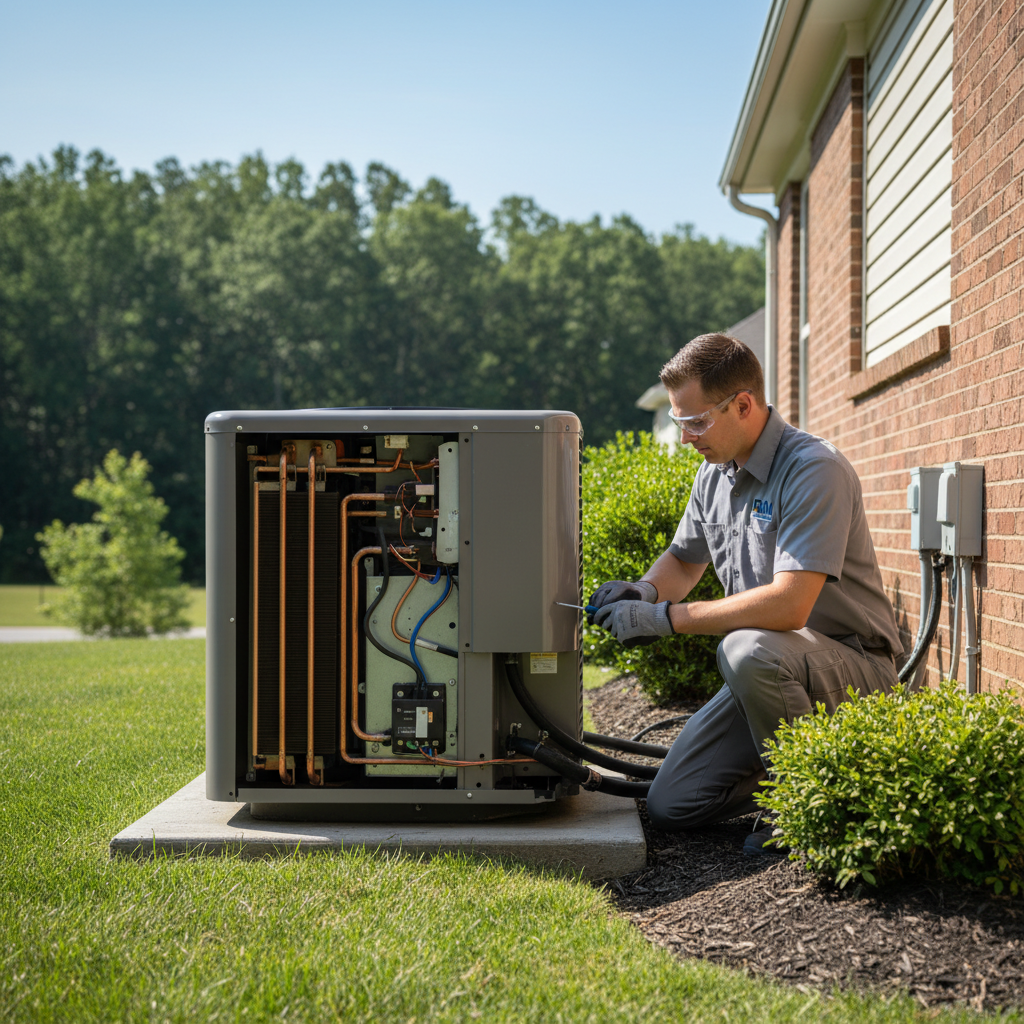 BIM Heating and Cooling technician performing an AC repair service outside a home in Stafford County, Virginia.