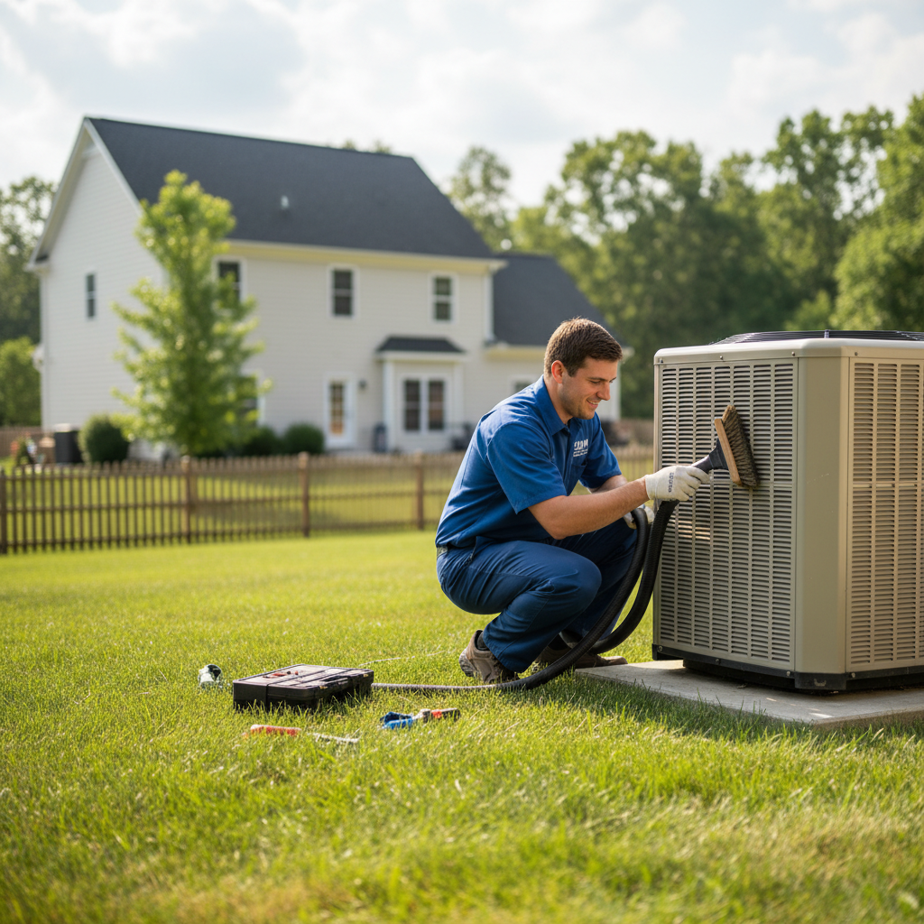 BIM Heating and Cooling technician performing an outdoor AC unit maintenance in Fredericksburg, VA.