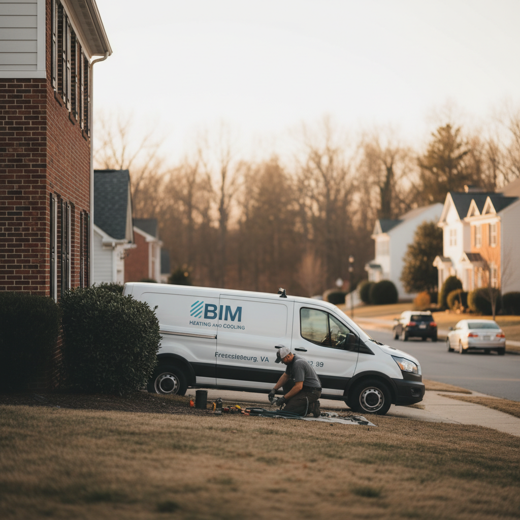 BIM Heating and Cooling technician performing clogged drain repair service in a Fredericksburg, VA neighborhood.
