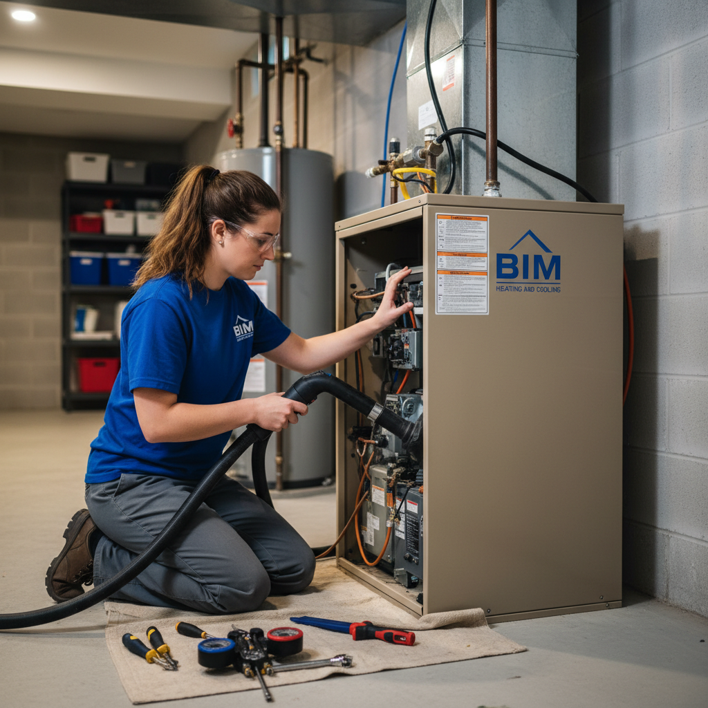 BIM Heating and Cooling technician performing furnace maintenance in a Virginia basement near Fredericksburg.