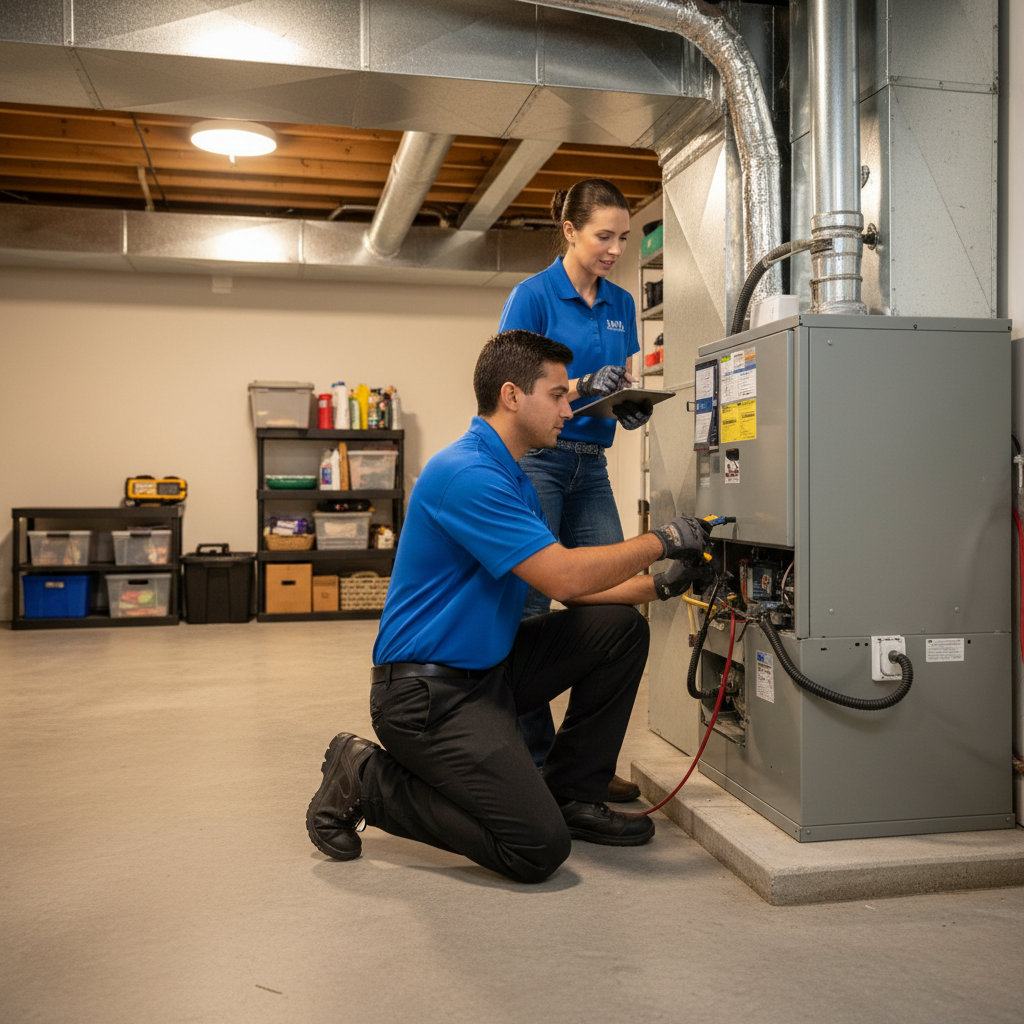 BIM Heating and Cooling technician performing furnace maintenance in a Fredericksburg, Virginia basement.