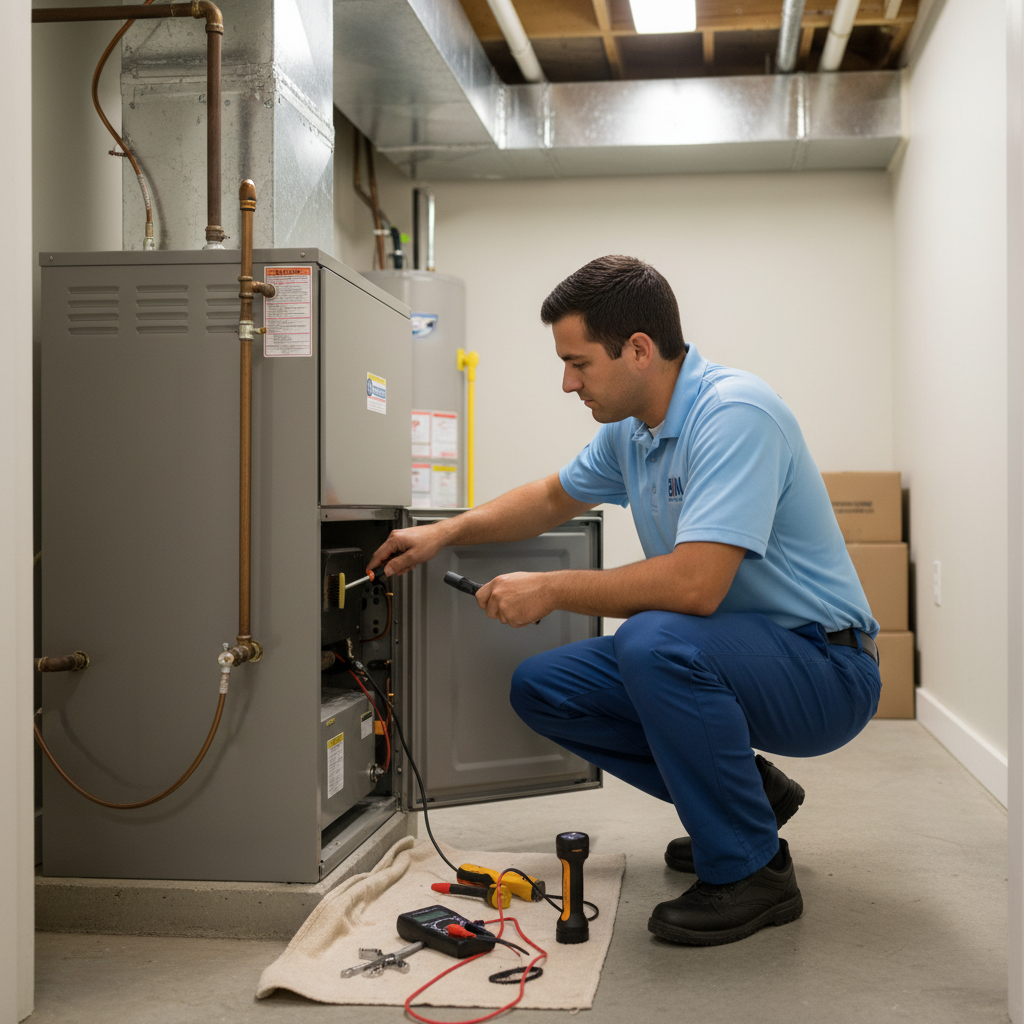 BIM Heating and Cooling technician performing furnace maintenance in a Virginia home's utility room.
