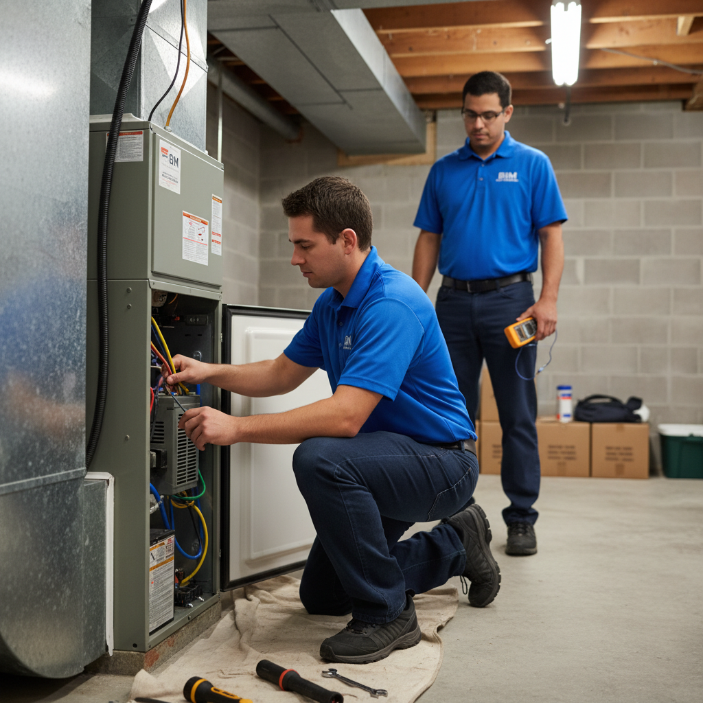 BIM Heating and Cooling technician performing furnace maintenance in a Virginia basement near Fredericksburg.