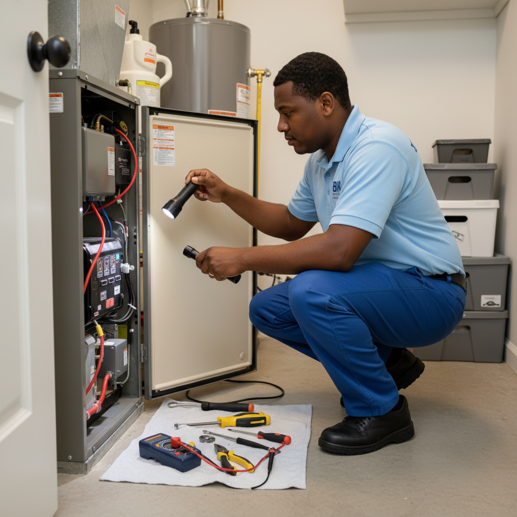 BIM Heating and Cooling technician performing furnace maintenance in a Virginia home near Fredericksburg.