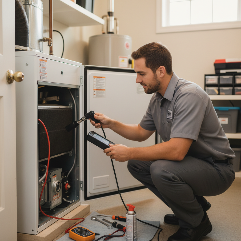 BIM Heating and Cooling technician performing furnace maintenance inside a Virginia home near Fredericksburg.