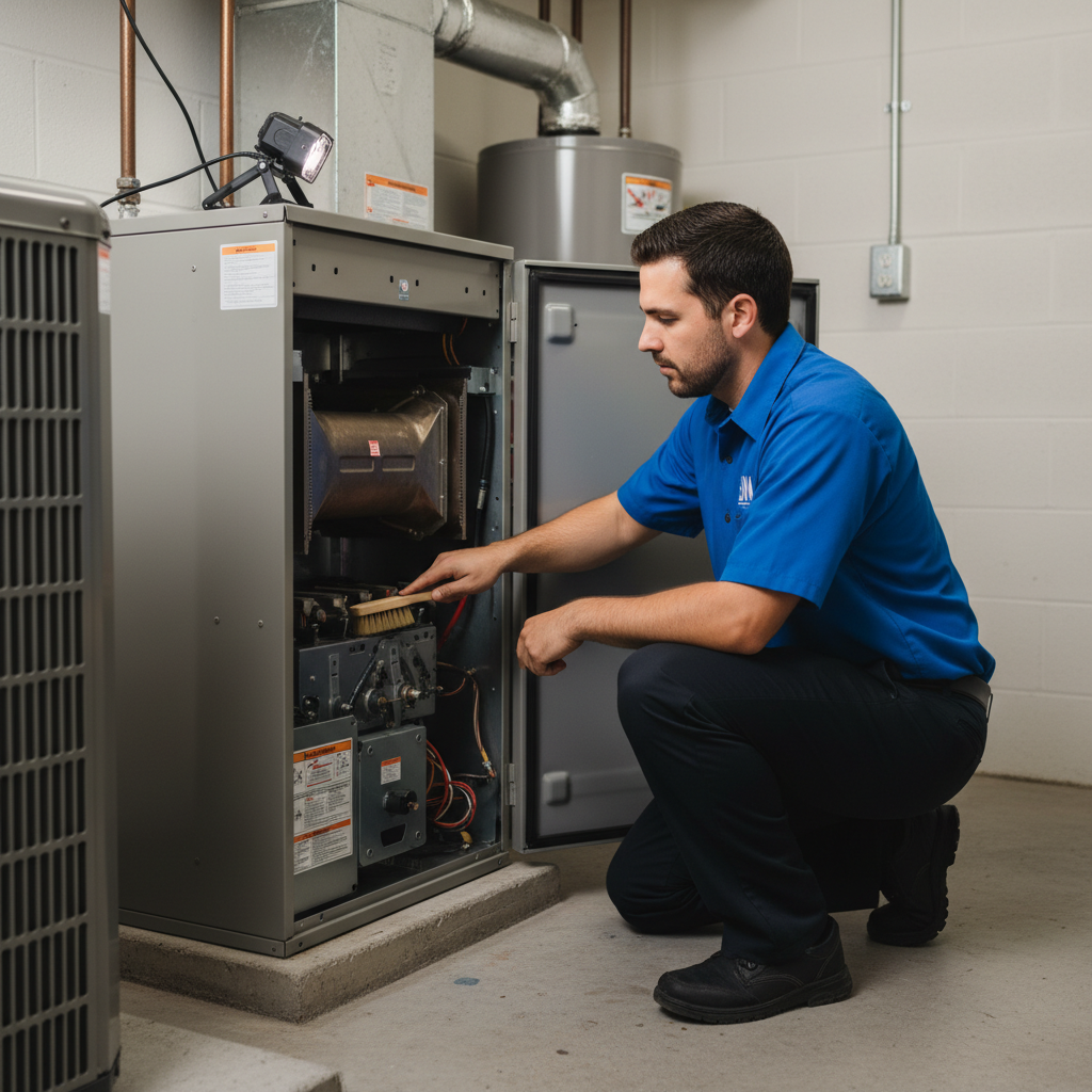 BIM Heating and Cooling technician performing furnace maintenance inside a Virginia home near Fredericksburg.
