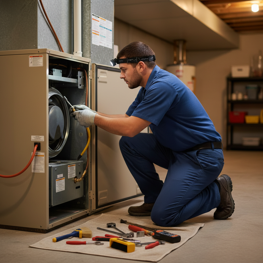 BIM Heating and Cooling technician performing furnace maintenance in a Virginia basement.